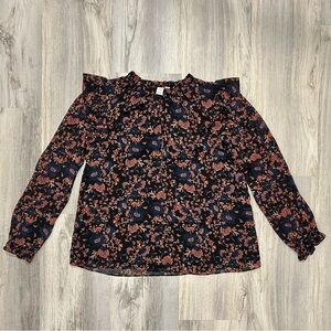 JOIE Black Floral Peasant Blouse Long Sleeve Ruffle Chiffon Top Size M